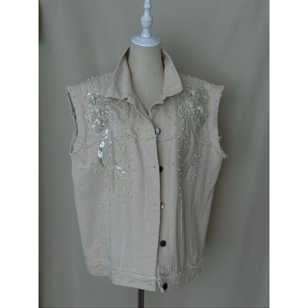 Embellished Denim Vest with Pearl & Sequin Details